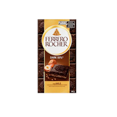 O Ferrero Rocher Tablete Dark é uma combinação irresistível de texturas e sabores, pensada para os amantes de chocolate. Sua base de chocolate 55% cacau Ferrero é acompanhada por um recheio cremoso e pedaços crocantes de avelã. Inspirada nos famosos bombons Ferrero Rocher.

Cada pedaço é uma verdadeira jornada de sabores: começa com uma base de chocolate refinado, seguida por um recheio suave e cremoso, e finaliza com uma camada superior de chocolate misturado com crocantes pedaços de avelã. Uma experiência única de sabor, feita para conquistar.